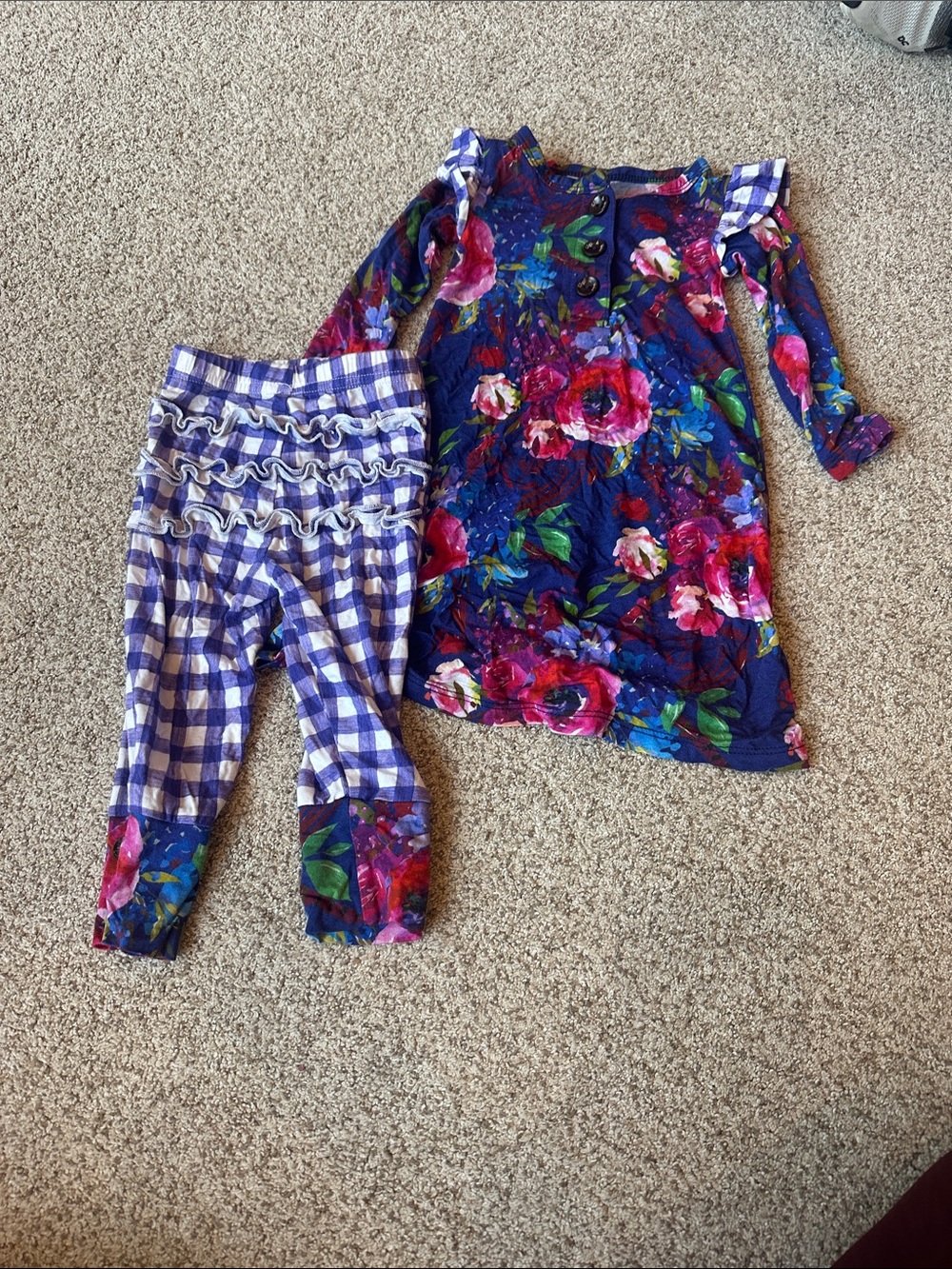 Gigi and Max Girls Floral Navy Tunic & Purple Gingham Leggings Set 12 months